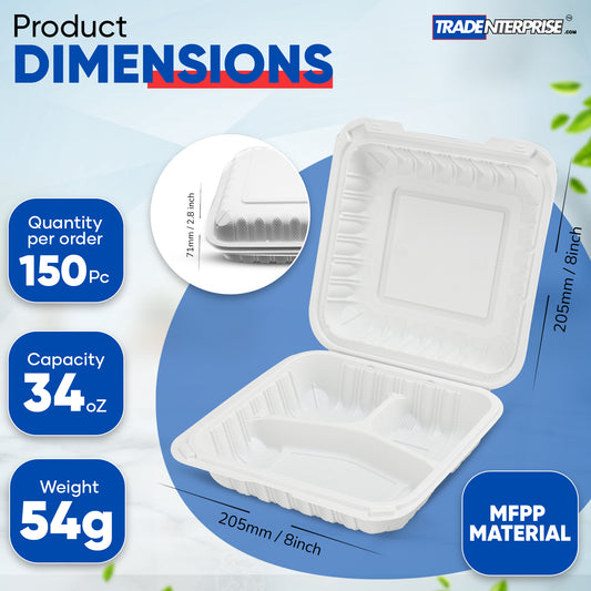 8x8 3-Compartment MFPP Clamshell Container — Case of 150