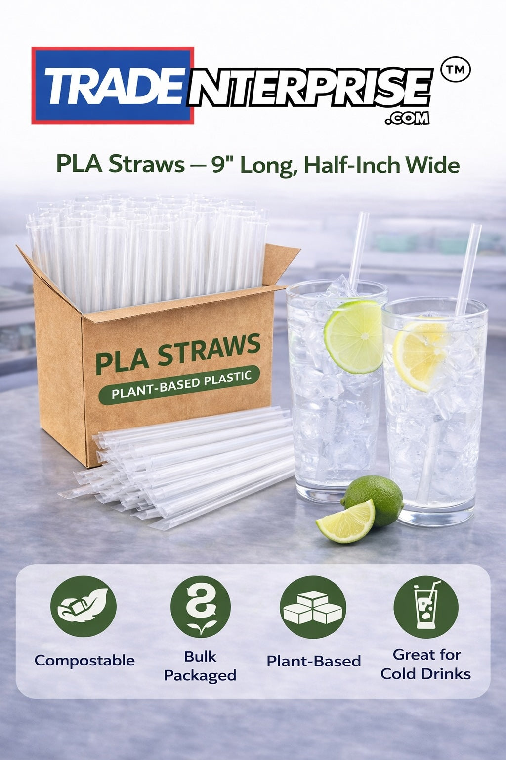 PLA Extra-Wide Straws — 9 Inch | ½ Inch Diameter | Case of 2,000