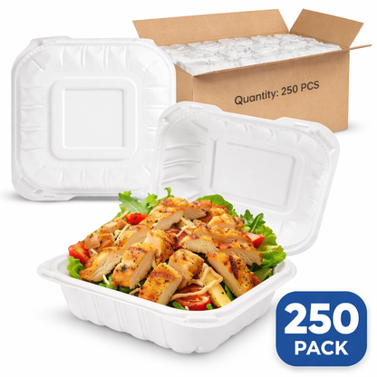 6x6 MFPP Clamshell Containers — Case of 250 | Microwave Safe