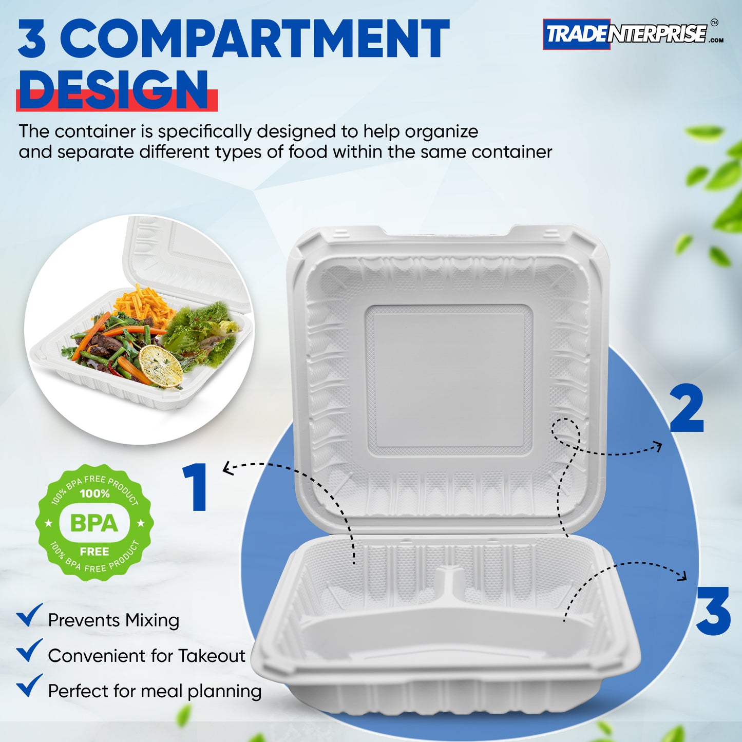8x8 3-Compartment MFPP Clamshell Container — Case of 150