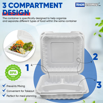 8x8 3-Compartment MFPP Clamshell Container — Case of 150