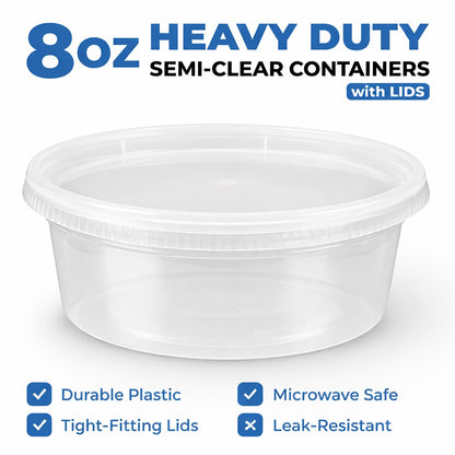 8 oz Heavy Duty Semi-Clear Containers with Lids — Case of 240 Sets