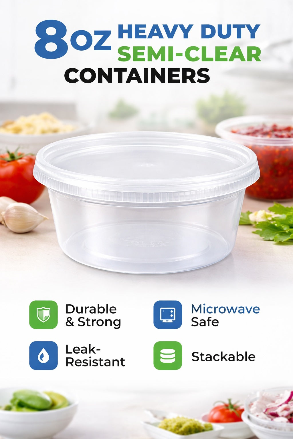 8 oz Heavy Duty Semi-Clear Containers with Lids — Case of 240 Sets