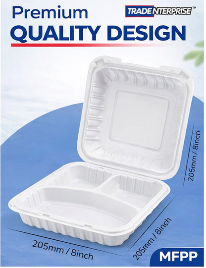8x8 3-Compartment MFPP Clamshell Container — Case of 150