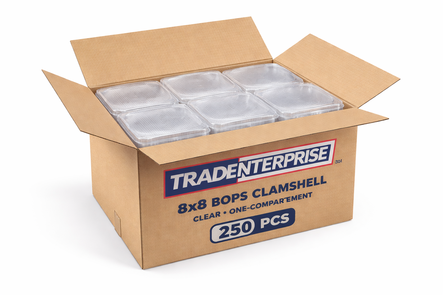 8x8 Clear BOPS Clamshell Containers — Case of 250