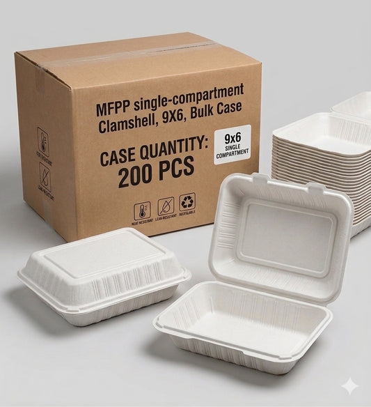 9x6 Single Compartment MFPP Clamshell Containers — Case of 200 | Microwave, Freezer Safe