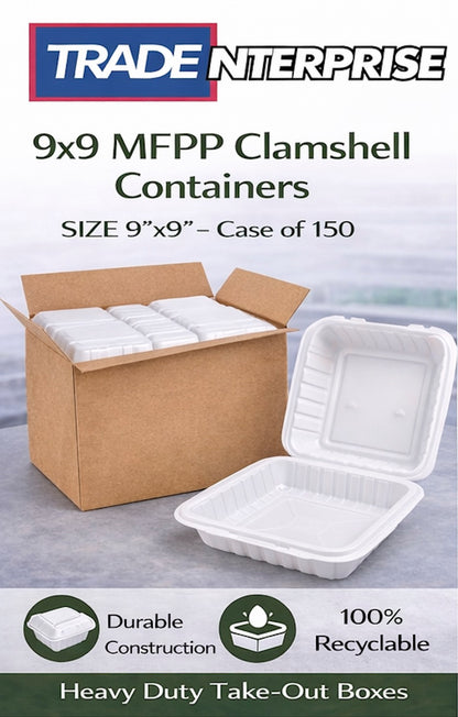 9x9 MFPP Clamshell Containers — Case of 150 | Microwave, Freezer Safe
