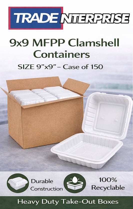9x9 MFPP Clamshell Containers — Case of 150 | Microwave, Freezer Safe