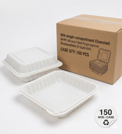 9x9 MFPP Clamshell Containers — Case of 150 | Microwave, Freezer Safe