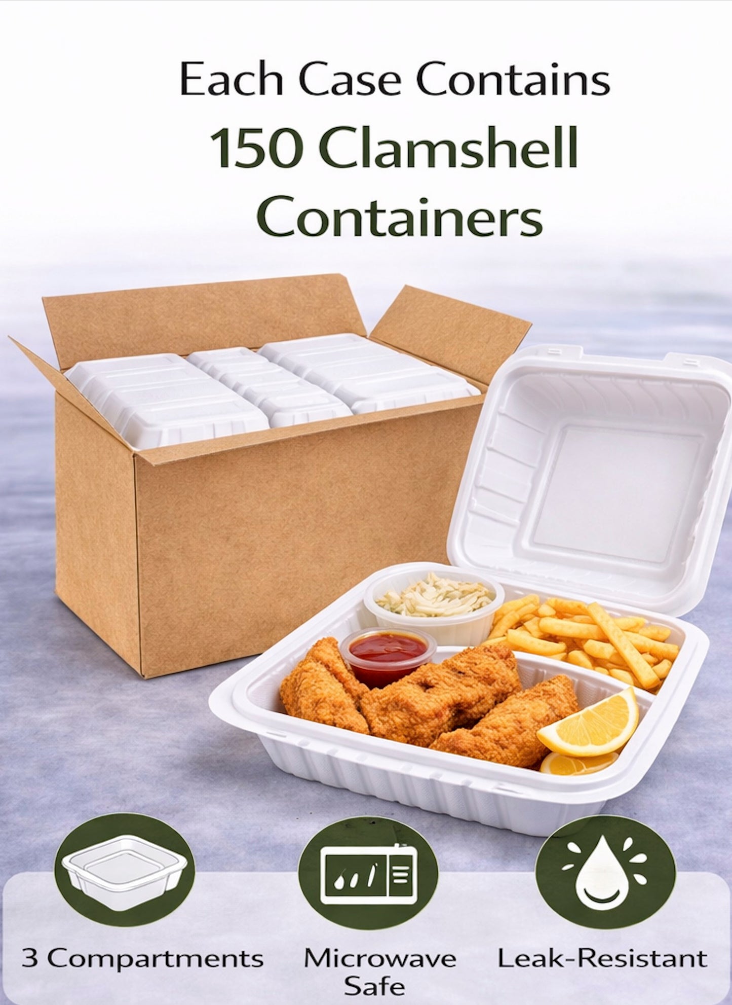 9x9 3-Compartment MFPP Clamshell Containers — Case of 150 | Microwave, Freezer Safe