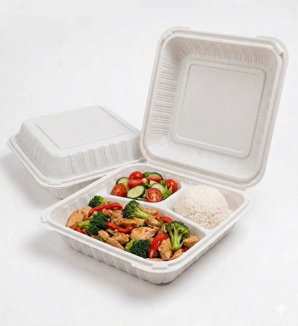 9x9 3-Compartment MFPP Clamshell Containers — Case of 150 | Microwave, Freezer Safe