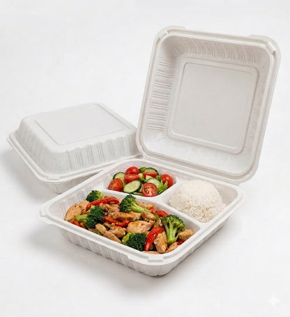 9x9 3-Compartment MFPP Clamshell Containers — Case of 150 | Microwave, Freezer Safe