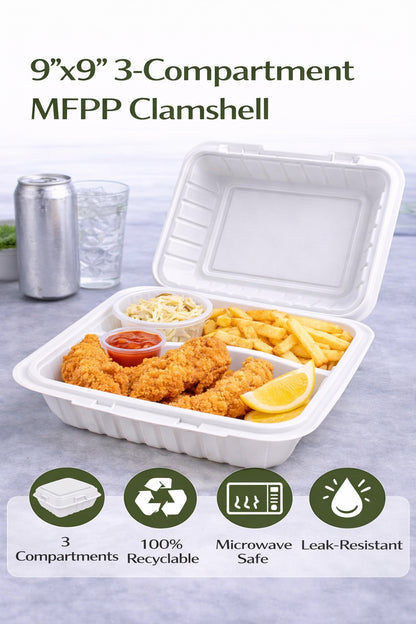 9x9 3-Compartment MFPP Clamshell Containers — Case of 150 | Microwave, Freezer Safe