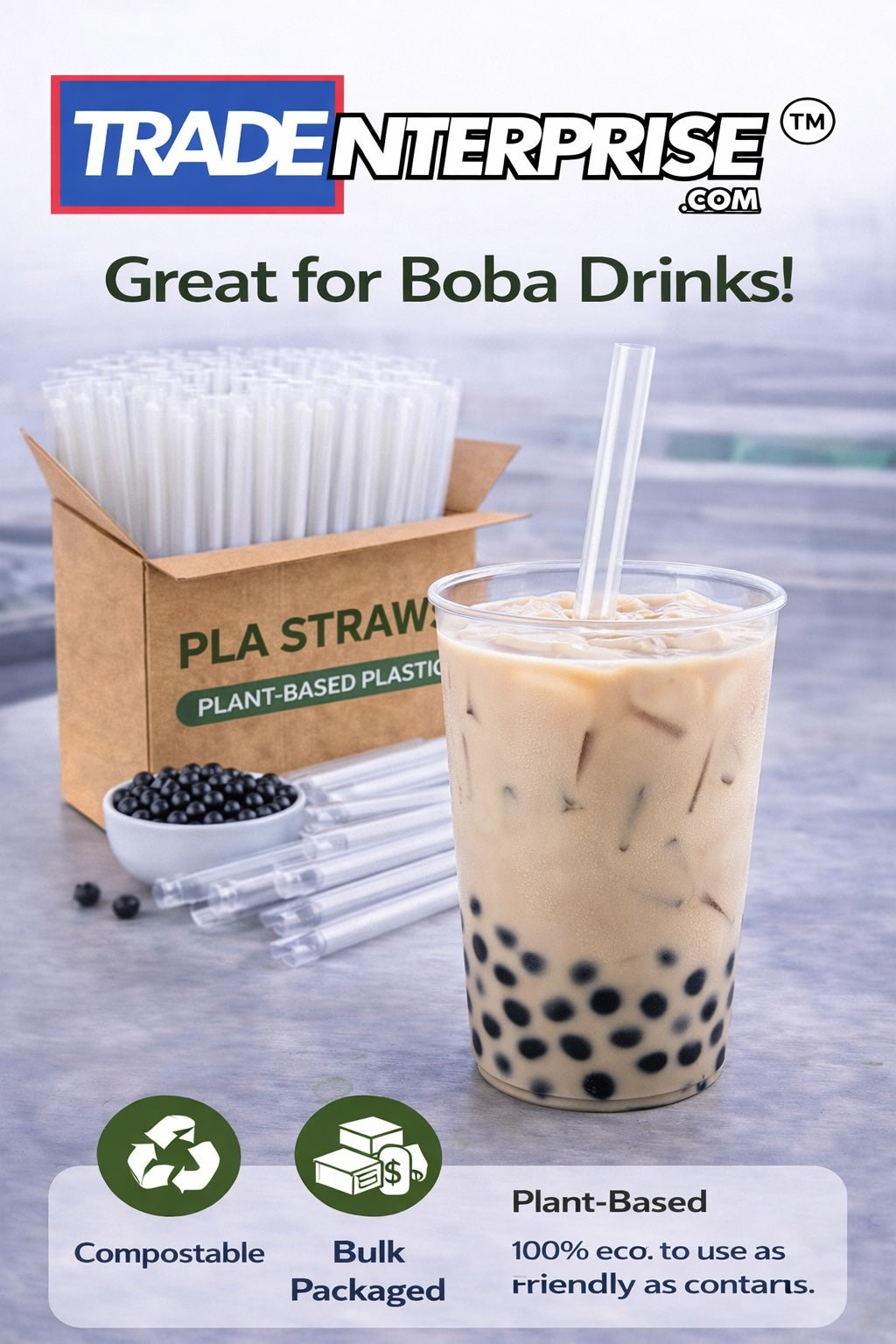 PLA Extra-Wide Straws — 9 Inch | ½ Inch Diameter | Case of 2,000